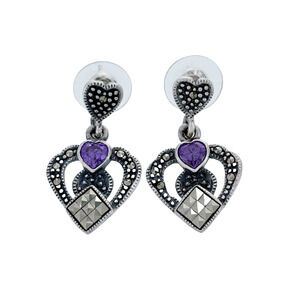 Vintage Sterling Silver 925 Purple Crystal Heart Marcasite Drop Earrings